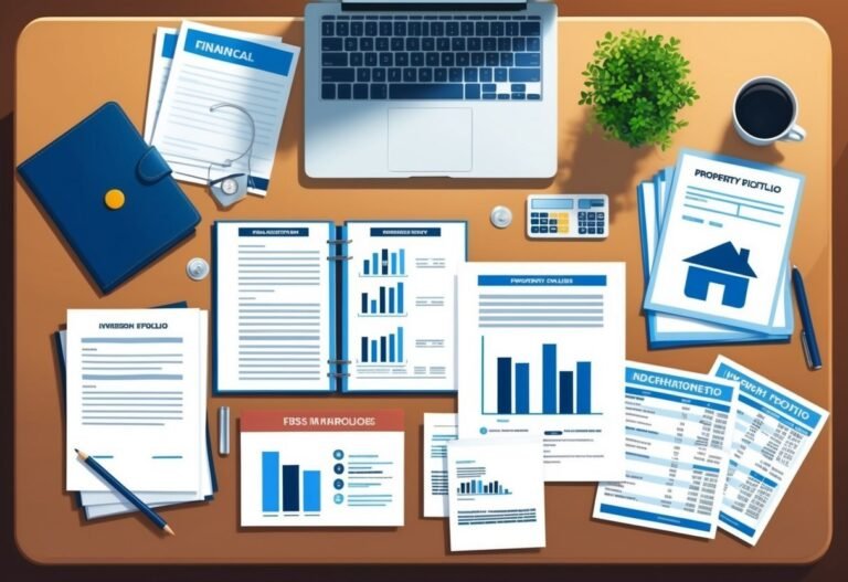 Desk with laptop, financial documents, calculator, and coffee cup