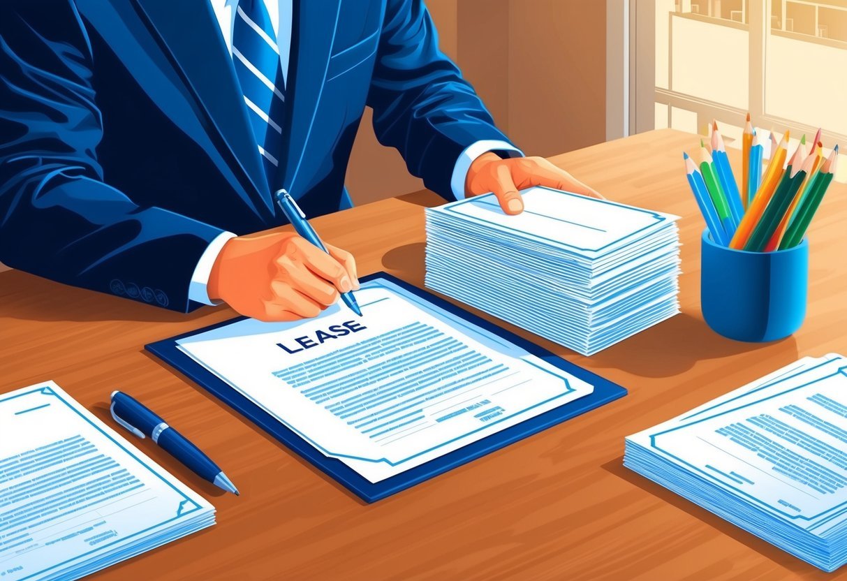 A real estate investor signing a lease agreement with a stack of essential documents on a desk