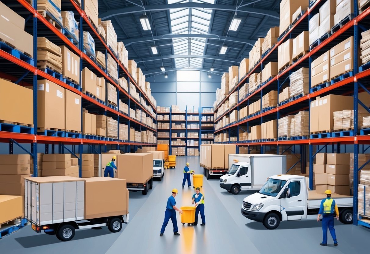 Warehouse interior with workers, trucks, and shelves filled with cardboard boxes