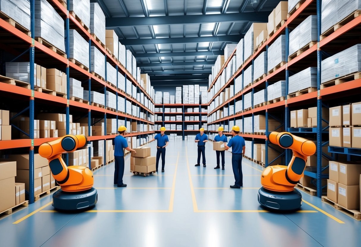 A bustling warehouse with shelves stocked high, robotic arms moving goods, and a team of workers organizing inventory for an e-commerce business