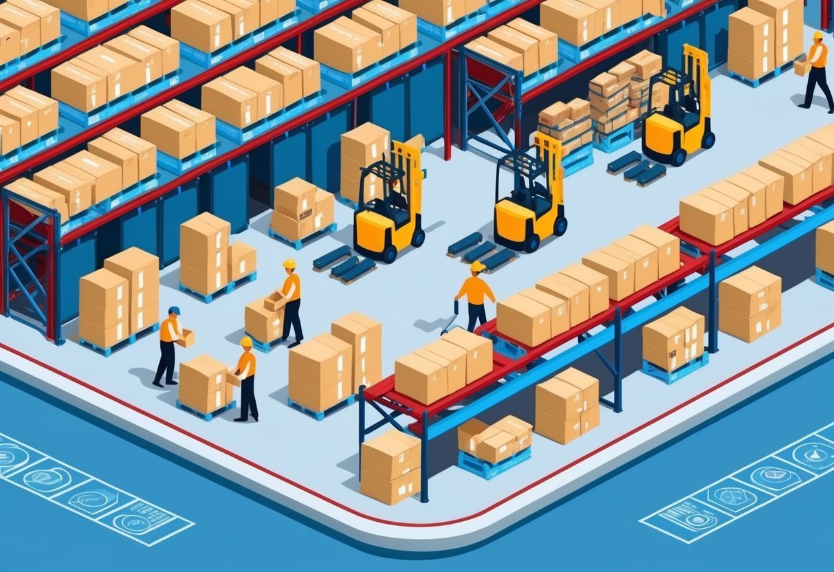 A bustling warehouse with rows of shelves, forklifts, and workers fulfilling online orders, surrounded by a secure perimeter and modern technology