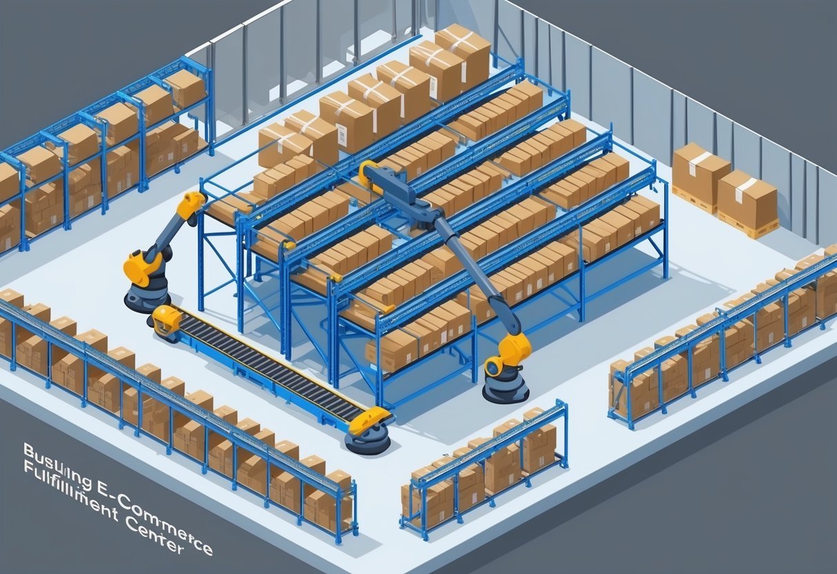 A modern warehouse with shelves, conveyor belts, and automated robots moving packages, surrounded by a bustling e-commerce fulfillment center