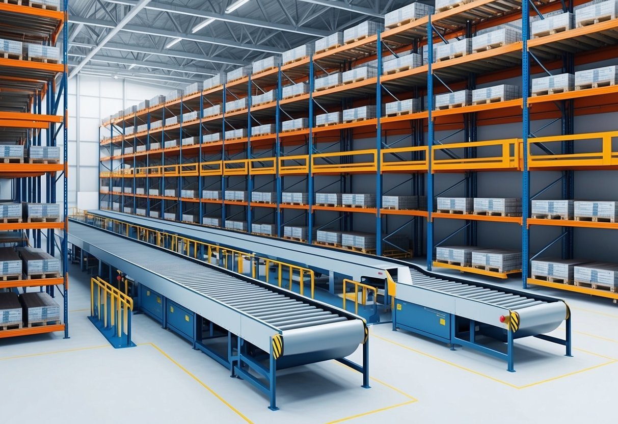 A warehouse with high shelves, conveyor belts, and loading docks.</p><p>Automated inventory systems and efficient layout design.</p><p>Bright and clean environment with modern infrastructure