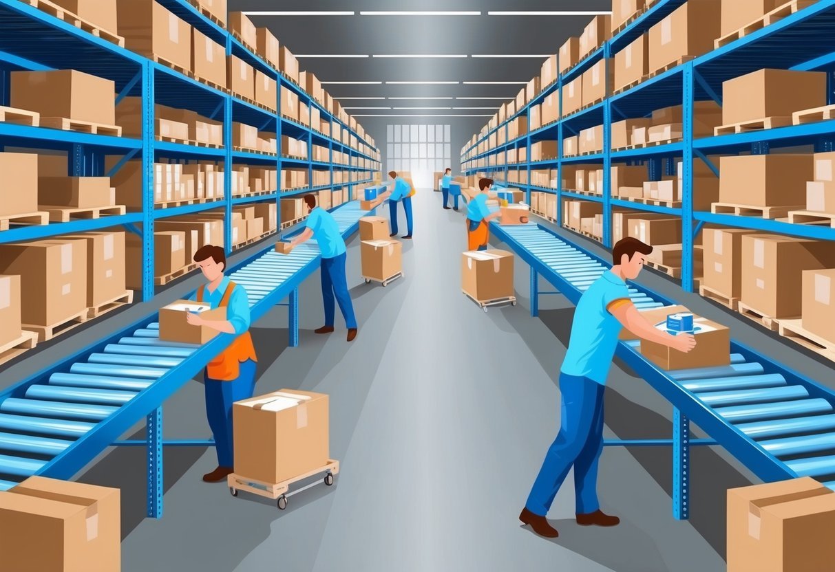 A bustling warehouse with shelves stocked with products, conveyor belts in motion, and workers efficiently organizing and packaging items for e-commerce businesses