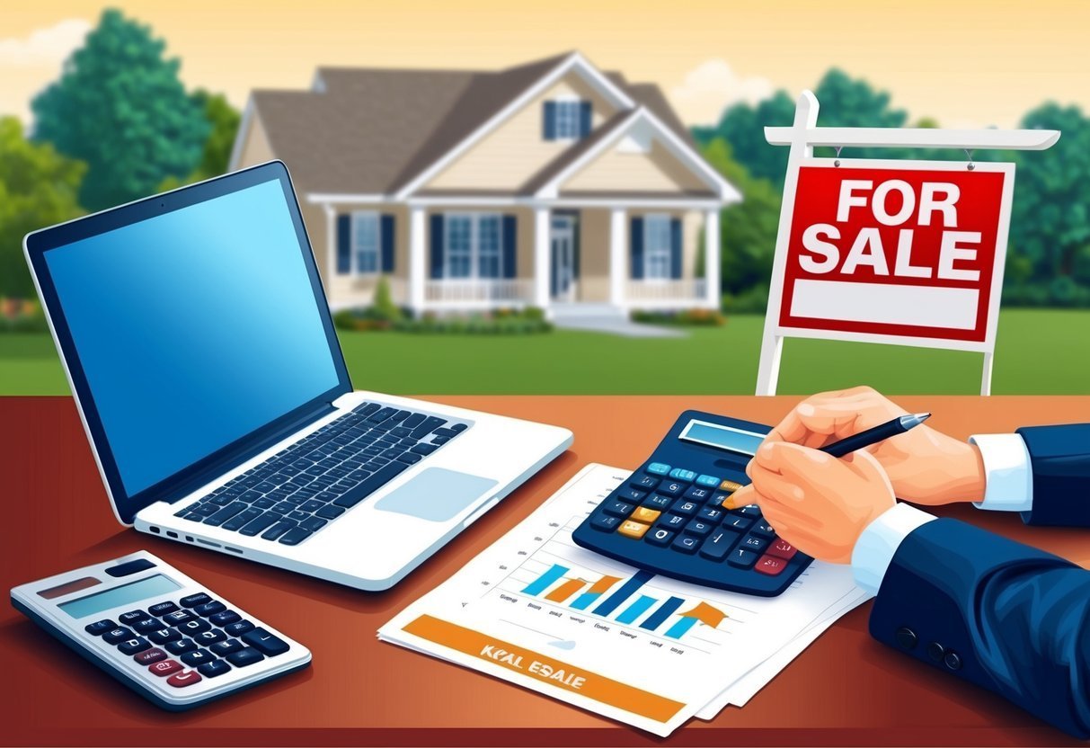 Laptop, calculator, and "For Sale" sign in front of a house