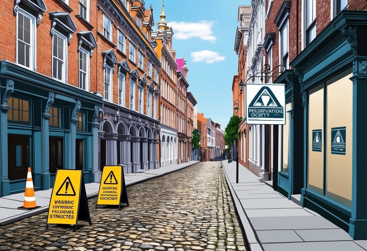 Cobblestone street with buildings, caution signs, and a "Preservation Society" sign