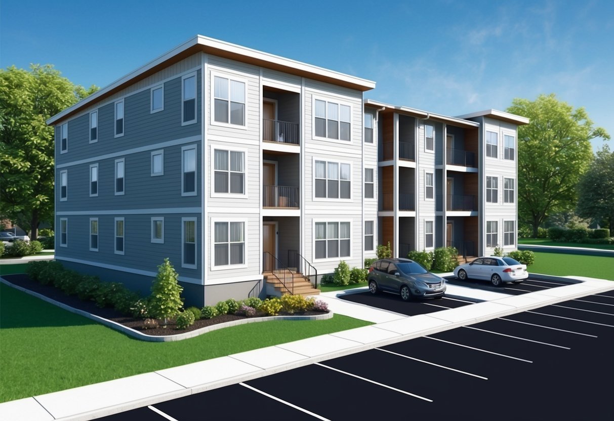 Modern three-story apartment building with balconies and parking lot