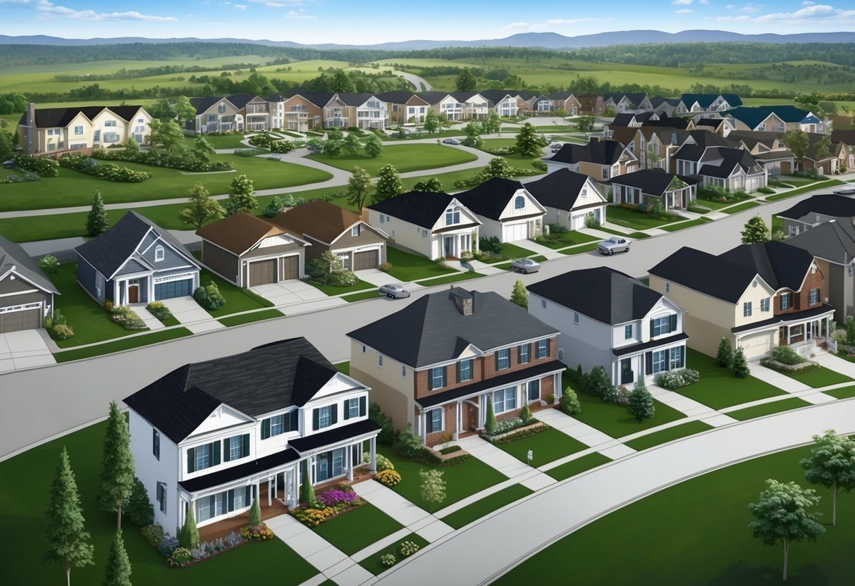 Aerial view of a suburban neighborhood with many houses and green lawns