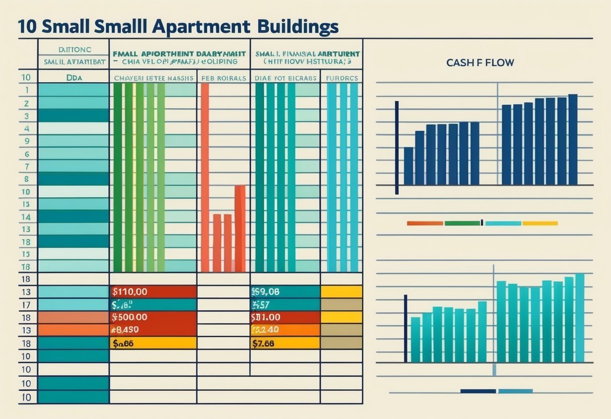 A spreadsheet with 10 columns of financial data related to small apartment buildings, with graphs and charts showing cash flow metrics