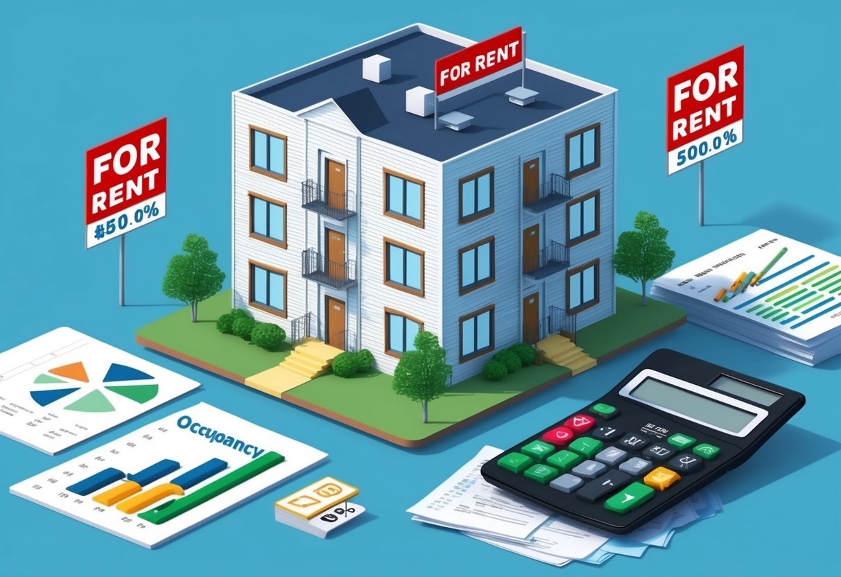 A small apartment building with 10 units, each with a "For Rent" sign.</p><p>A chart displaying occupancy rate, surrounded by financial documents and a calculator