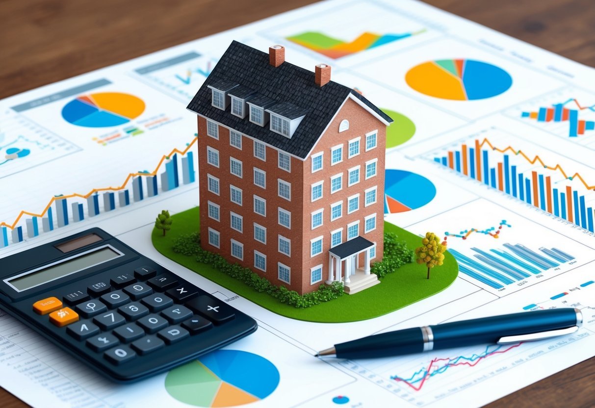 A small apartment building surrounded by financial charts and graphs, with a calculator and pen on a desk