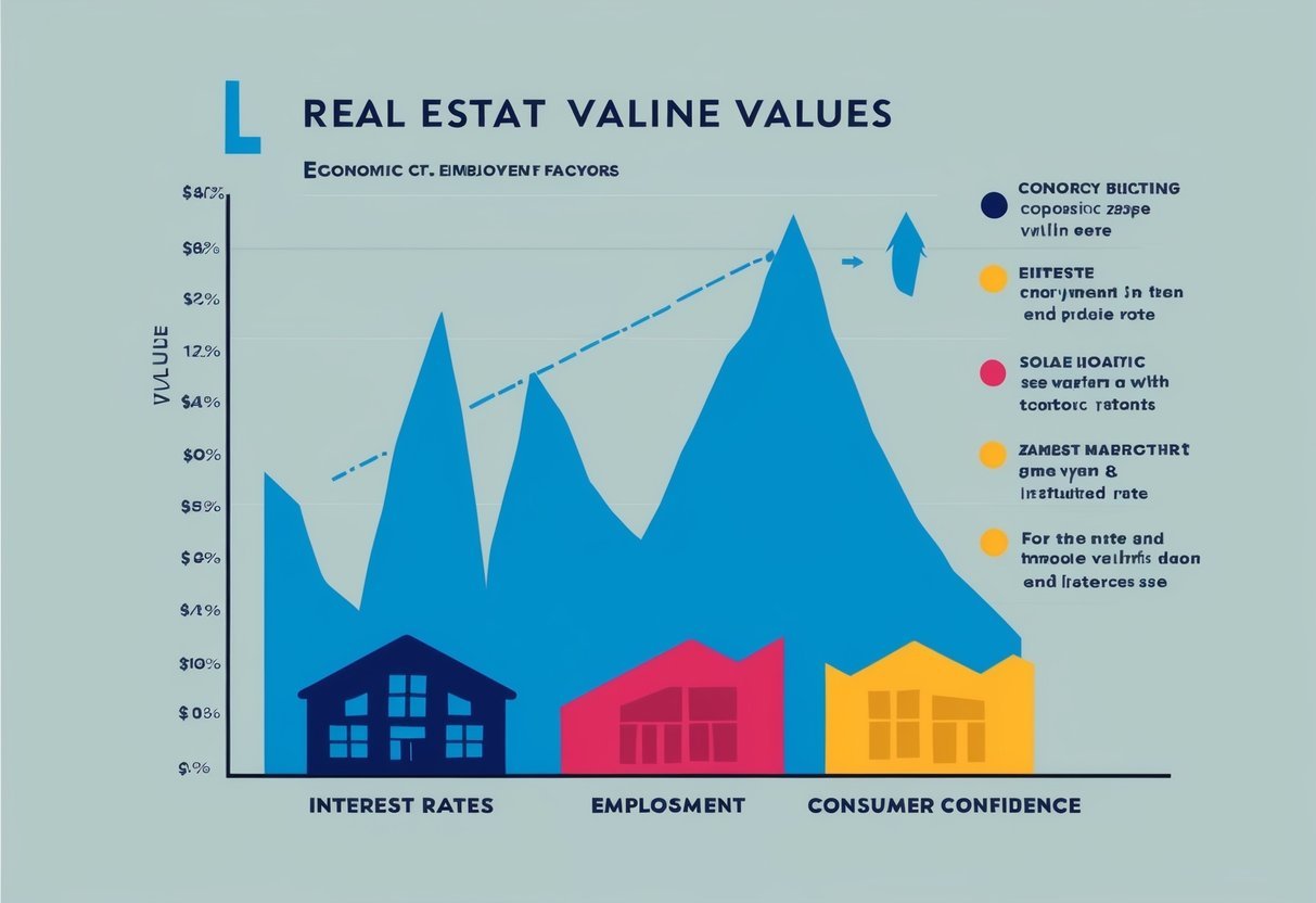 A graph showing fluctuating real estate values based on economic factors like interest rates, employment rates, and consumer confidence