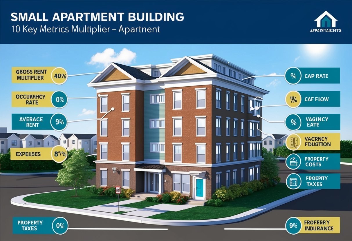 A small apartment building with 10 key metrics displayed: gross rent multiplier, occupancy rate, average rent, expenses, cap rate, cash flow, vacancy rate, maintenance costs, property taxes, and insurance