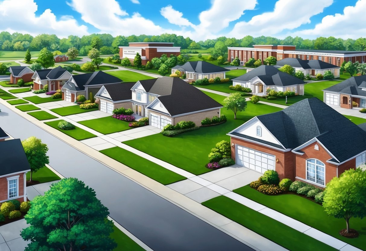 A suburban neighborhood with well-maintained homes, lush greenery, and a nearby school and shopping center