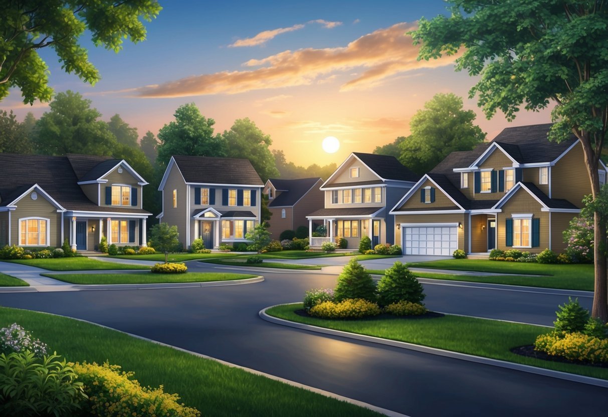 A suburban neighborhood with houses of varying sizes and styles, surrounded by lush greenery and well-maintained landscaping.</p><p>The sun is setting, casting a warm glow over the scene