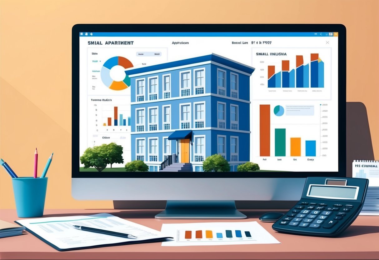 A small apartment building with financial charts and graphs displayed on a computer screen, while a calculator and paperwork lay on a desk