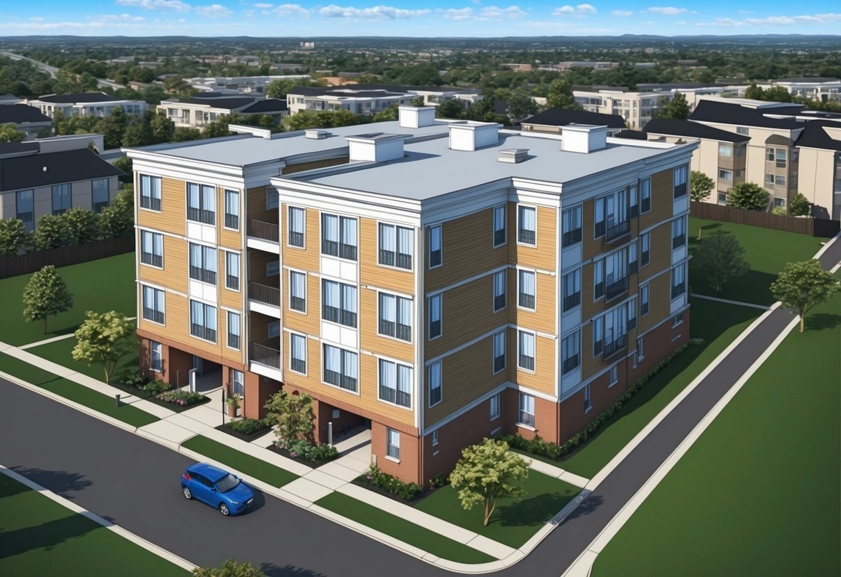 A small apartment building with multiple units, a clear view of the surrounding neighborhood, and a prominent focus on the building's physical structure and exterior