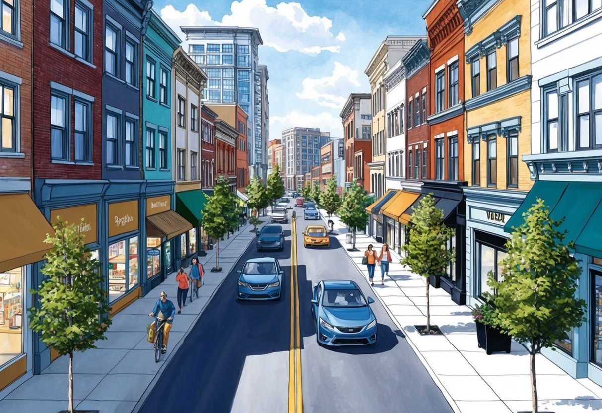 A bustling city street with a mix of retail shops, restaurants, and residential units, showcasing a variety of potential mixed-use properties