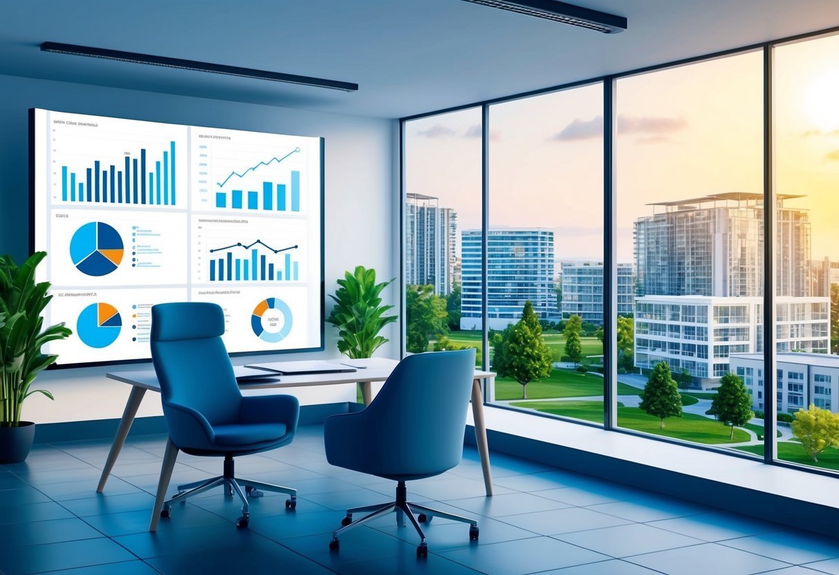 A modern office with charts, graphs, and financial data projected on a large screen.</p><p>A real estate property with a mix of residential and commercial spaces in the background