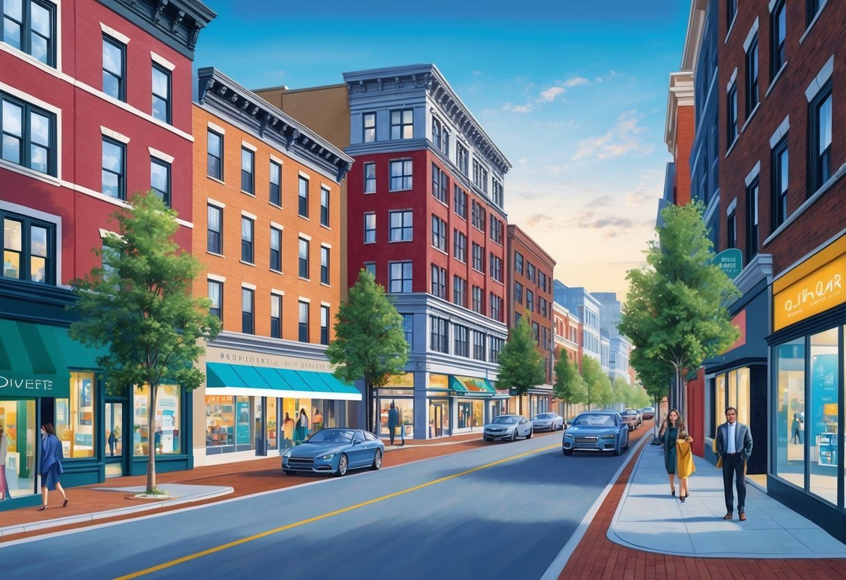 A bustling city street with a mix of residential apartments, retail shops, and office spaces, showcasing the diverse and profitable nature of mixed-use properties