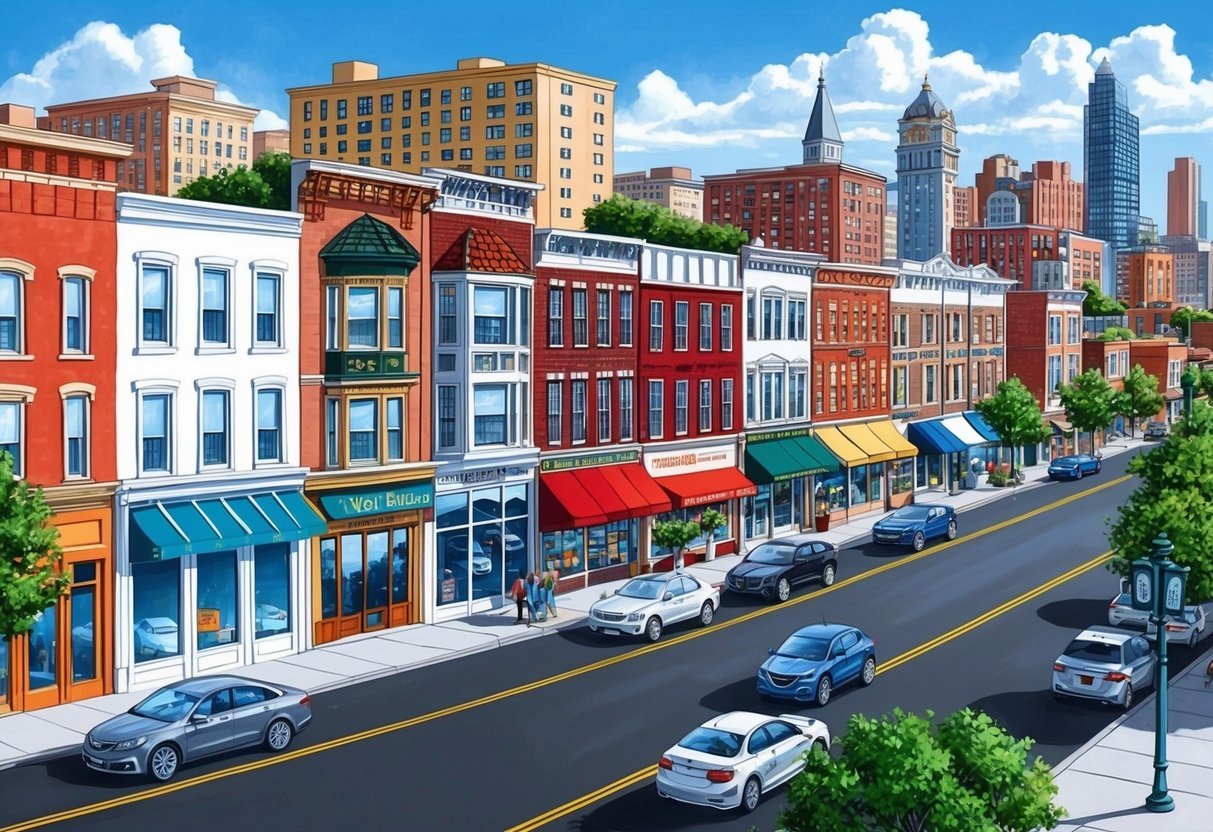 A bustling city street with a mix of residential and commercial buildings, showcasing a variety of businesses and living spaces