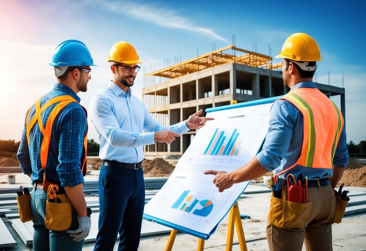 Construction workers reviewing blueprints at a construction site with a building in the background