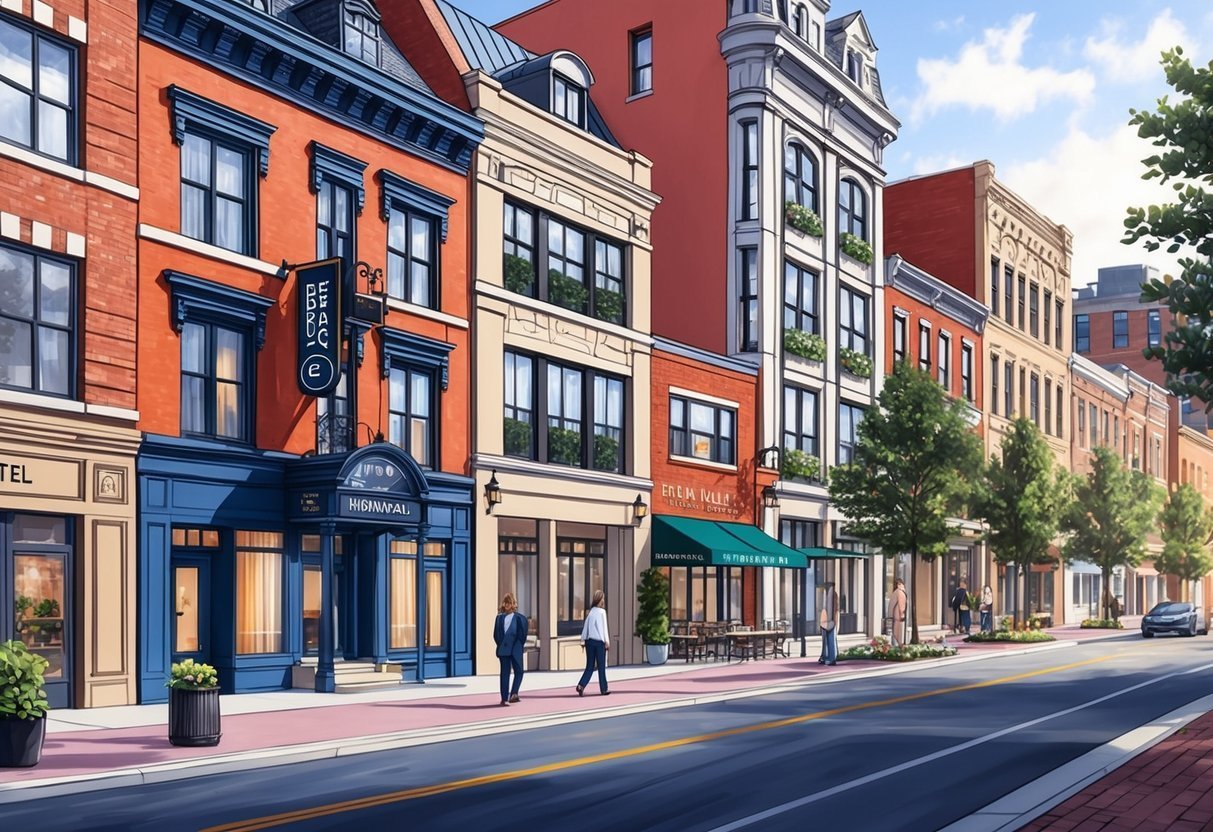 Street view of colorful buildings, shops, and pedestrians on a sunny day