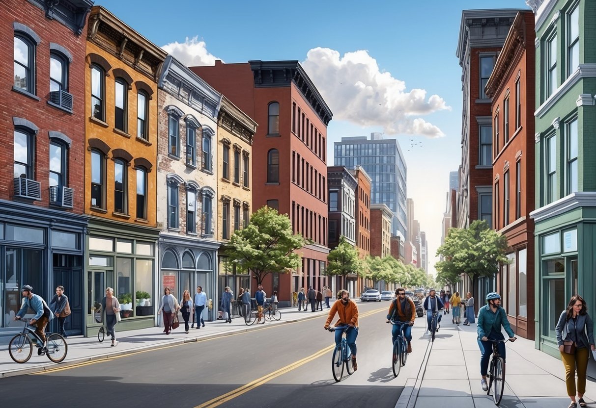 City street with colorful buildings, pedestrians, and cyclists on a sunny day