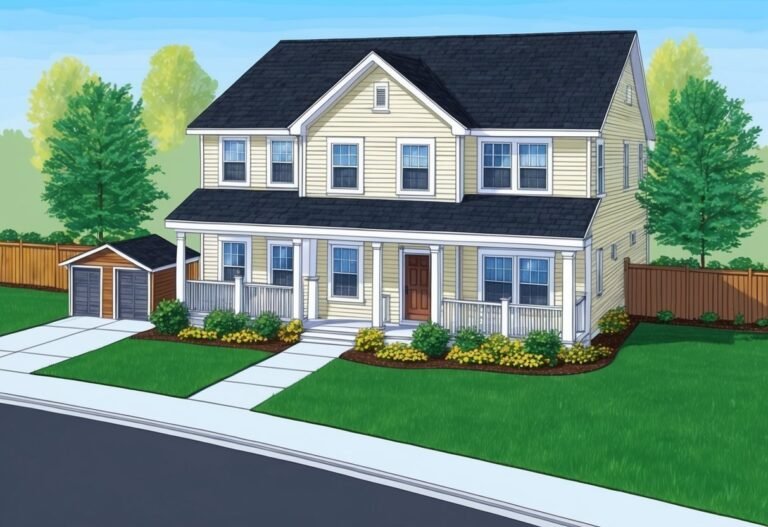 Illustration of a two-story house with a porch, garage, and landscaping