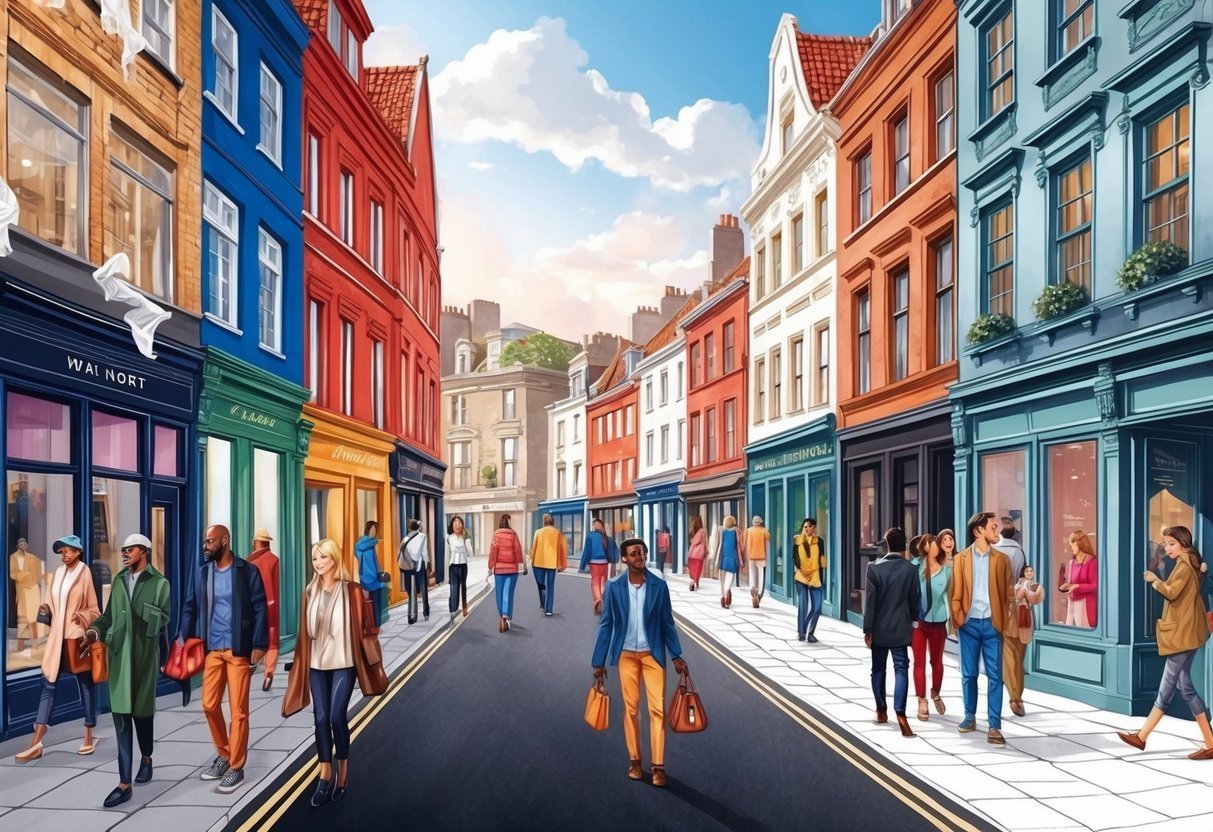 Illustration of a street with colorful buildings and people walking