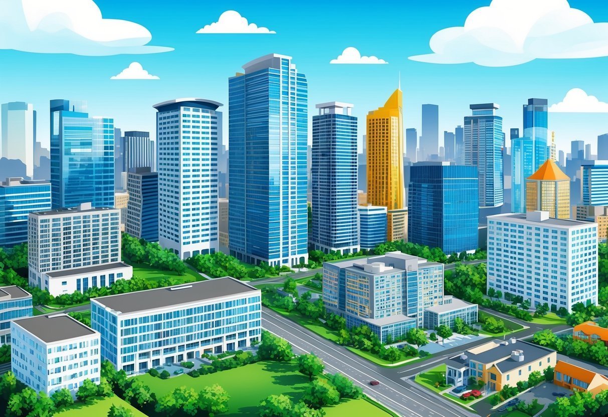 Cartoon illustration of a city skyline with tall buildings and green spaces