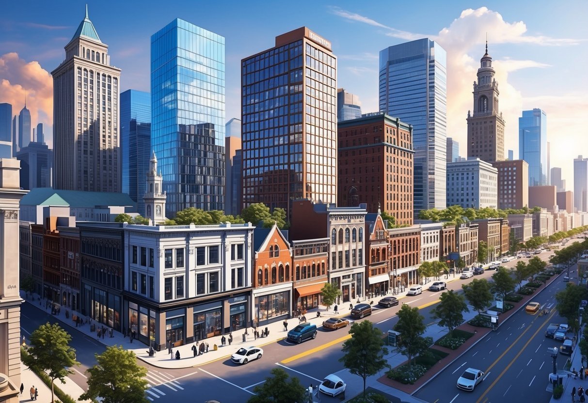 Cityscape with tall buildings, shops, and a tree-lined street with cars