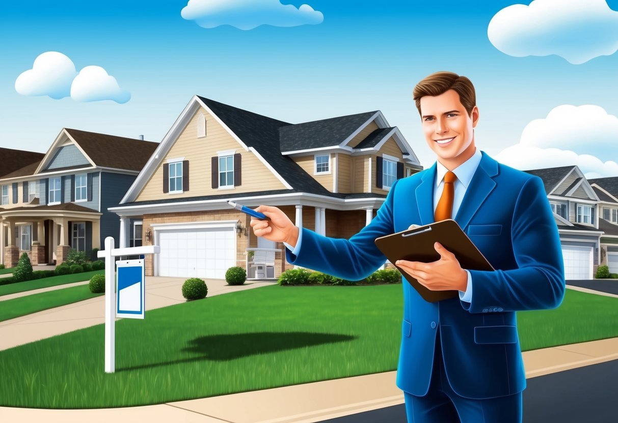 A real estate agent standing in front of a suburban neighborhood, pointing to various properties with a clipboard and pen in hand