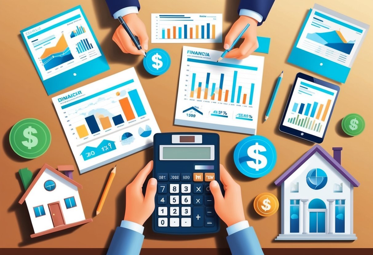 A table with financial charts, graphs, and a calculator surrounded by real estate properties and investment symbols