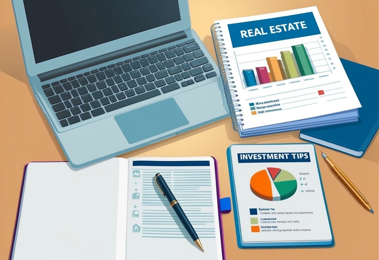 A desk with a laptop, notebook, and pen.</p><p>A stack of real estate documents and a chart showing investment tips