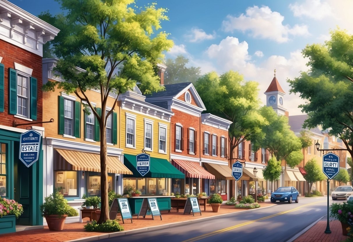 Street with colorful buildings, shops, trees, and a clock tower in the distance