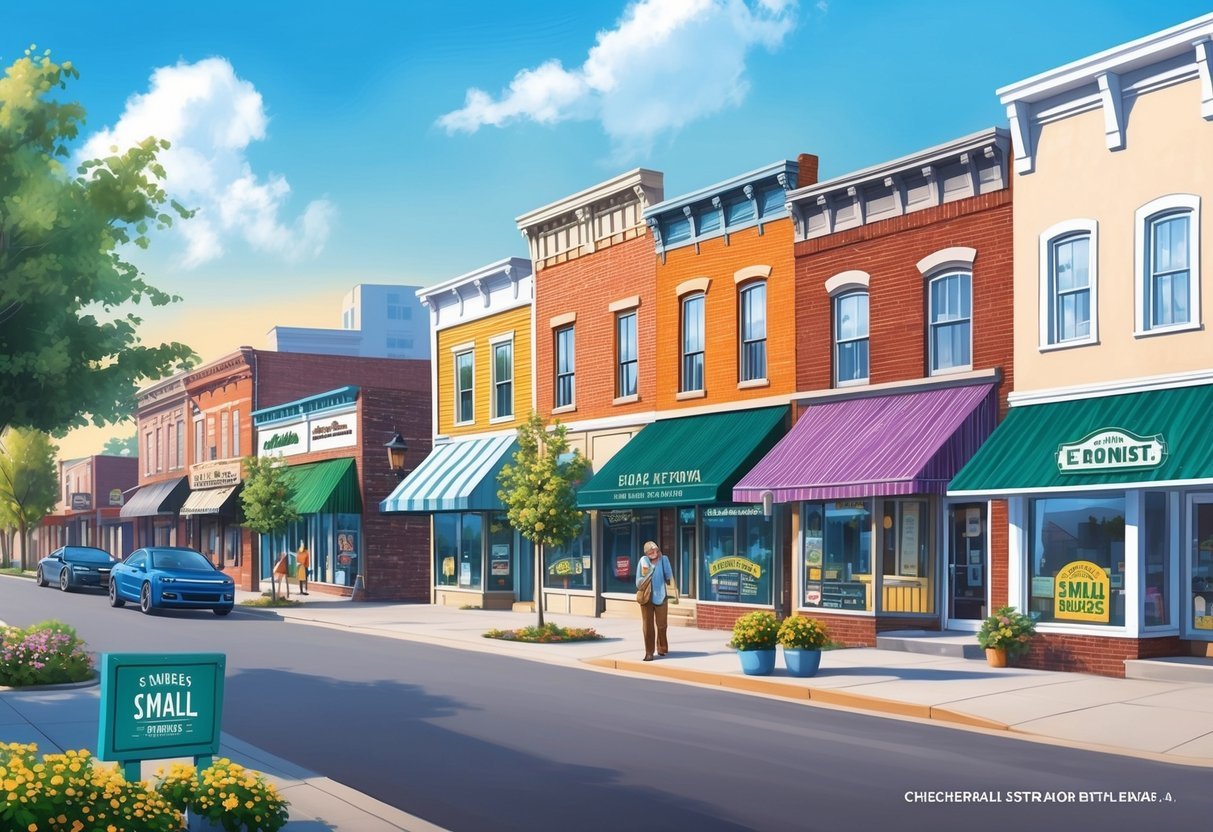 A small town with a mix of old and new buildings, vibrant local businesses, and a sense of community.</p><p>Signs of growth and development are evident, with new construction and renovations underway