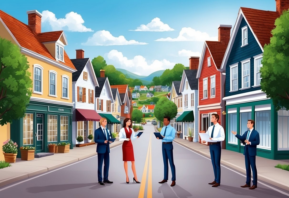 A small town with quaint streets lined with charming houses, and local real estate agents networking and collaborating with investors