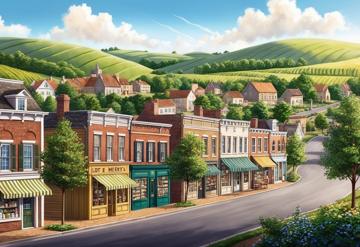 A small town with charming old buildings and tree-lined streets, surrounded by rolling hills and farmland.</p><p>A few quaint shops and a local market add to the cozy, welcoming atmosphere