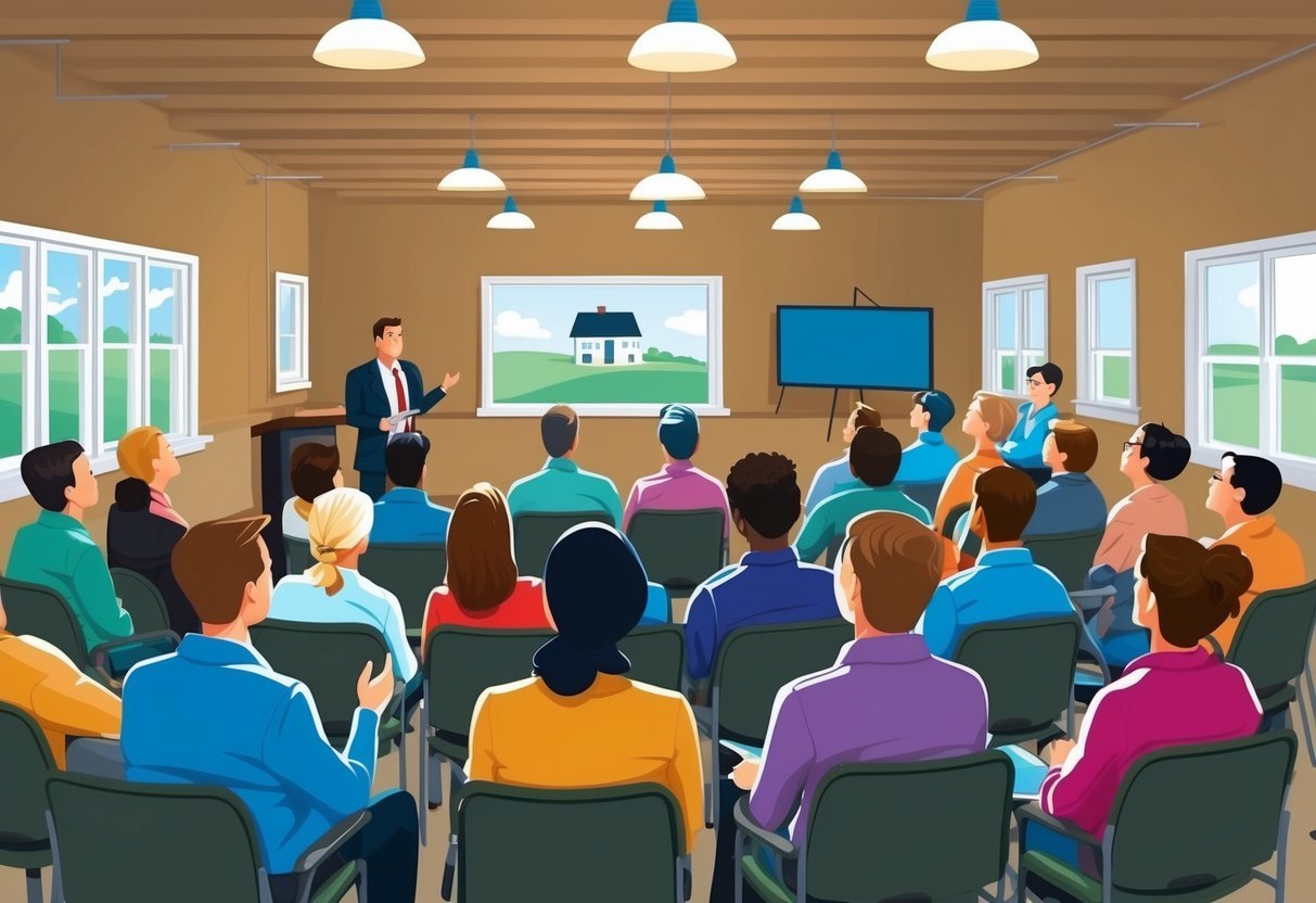 A group of people gather in a small town community center, listening attentively as a speaker presents 10 strategies for investing in the local real estate market.</p><p>The room is filled with anticipation and excitement