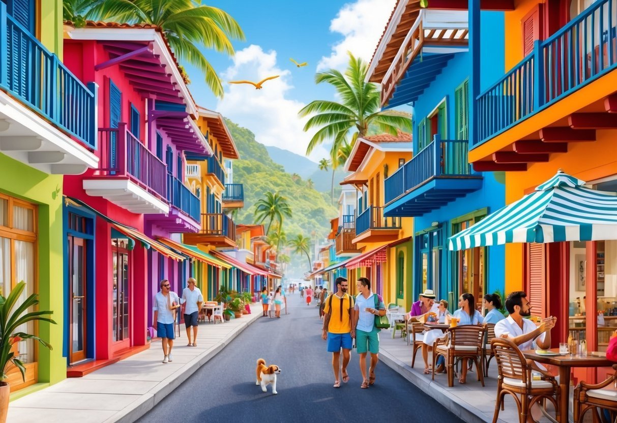 Colorful buildings line a street with people walking and dining outdoors