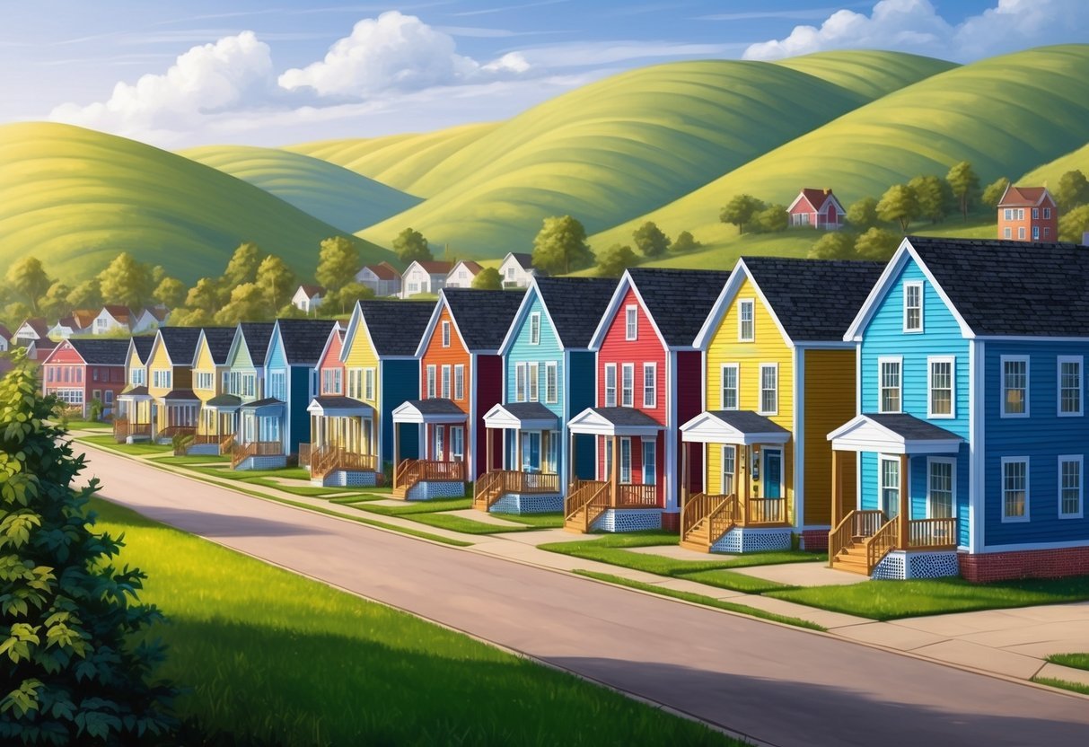 A quaint small town with rows of colorful rental properties, surrounded by rolling hills and a peaceful atmosphere