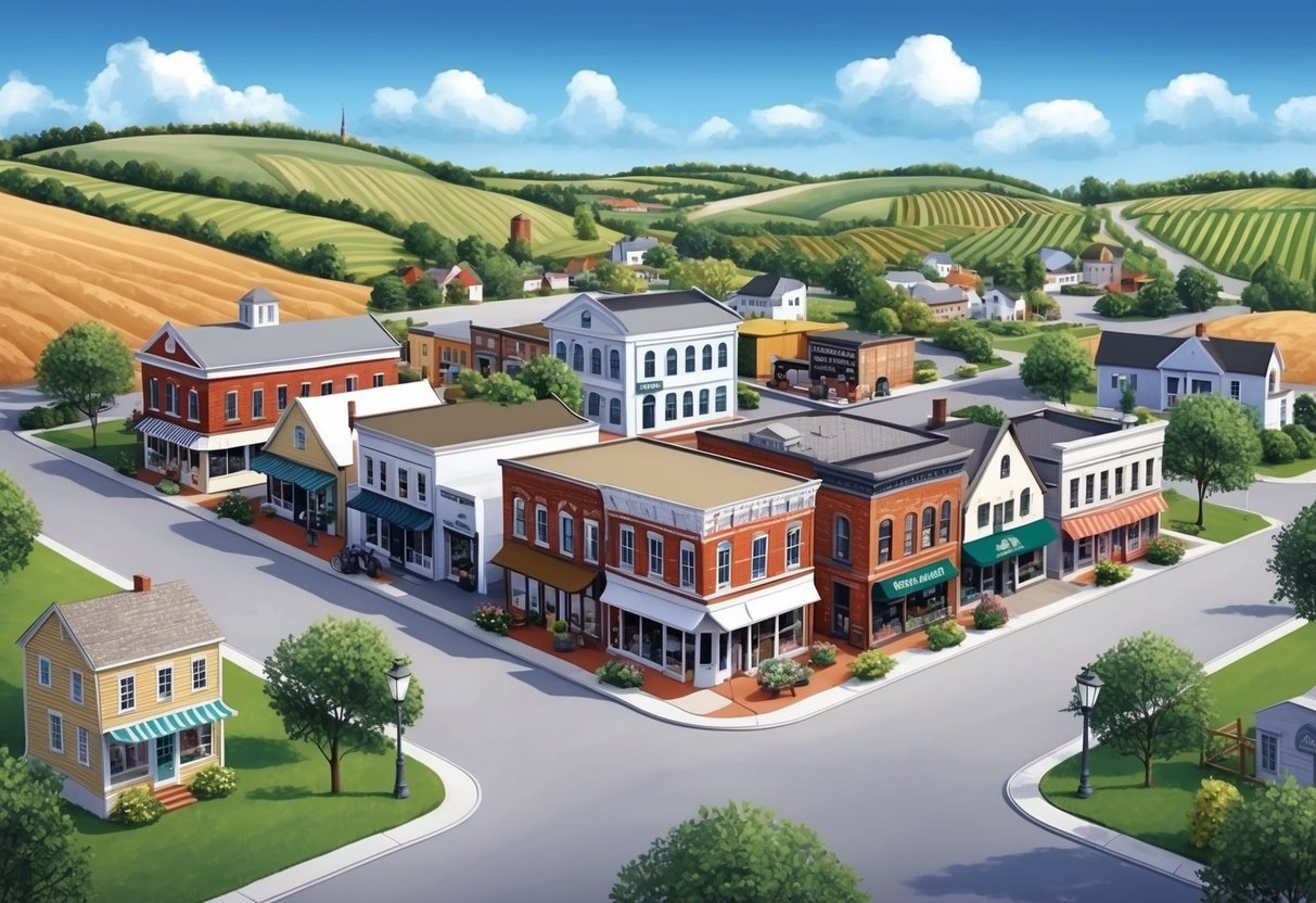 A quaint small town with a mix of historic and modern buildings, surrounded by rolling hills and farmland.</p><p>A few commercial properties stand out among the charming streets, suggesting potential for investment