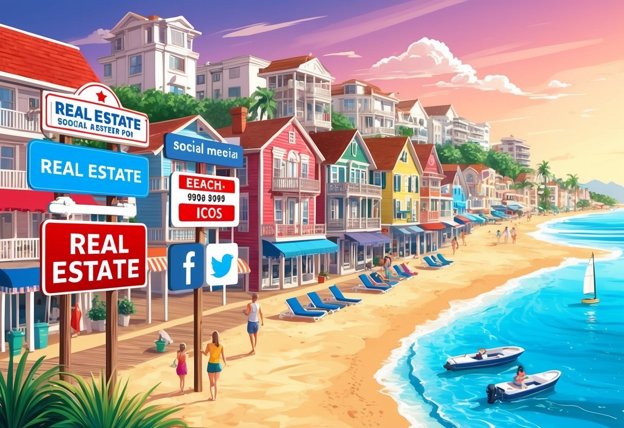 A bustling beach town with colorful real estate signs, social media icons, and online advertisements targeting tourists