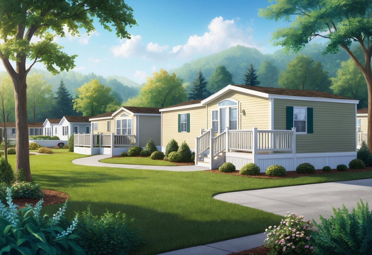 A serene mobile home park with well-maintained grounds and amenities, surrounded by peaceful natural scenery