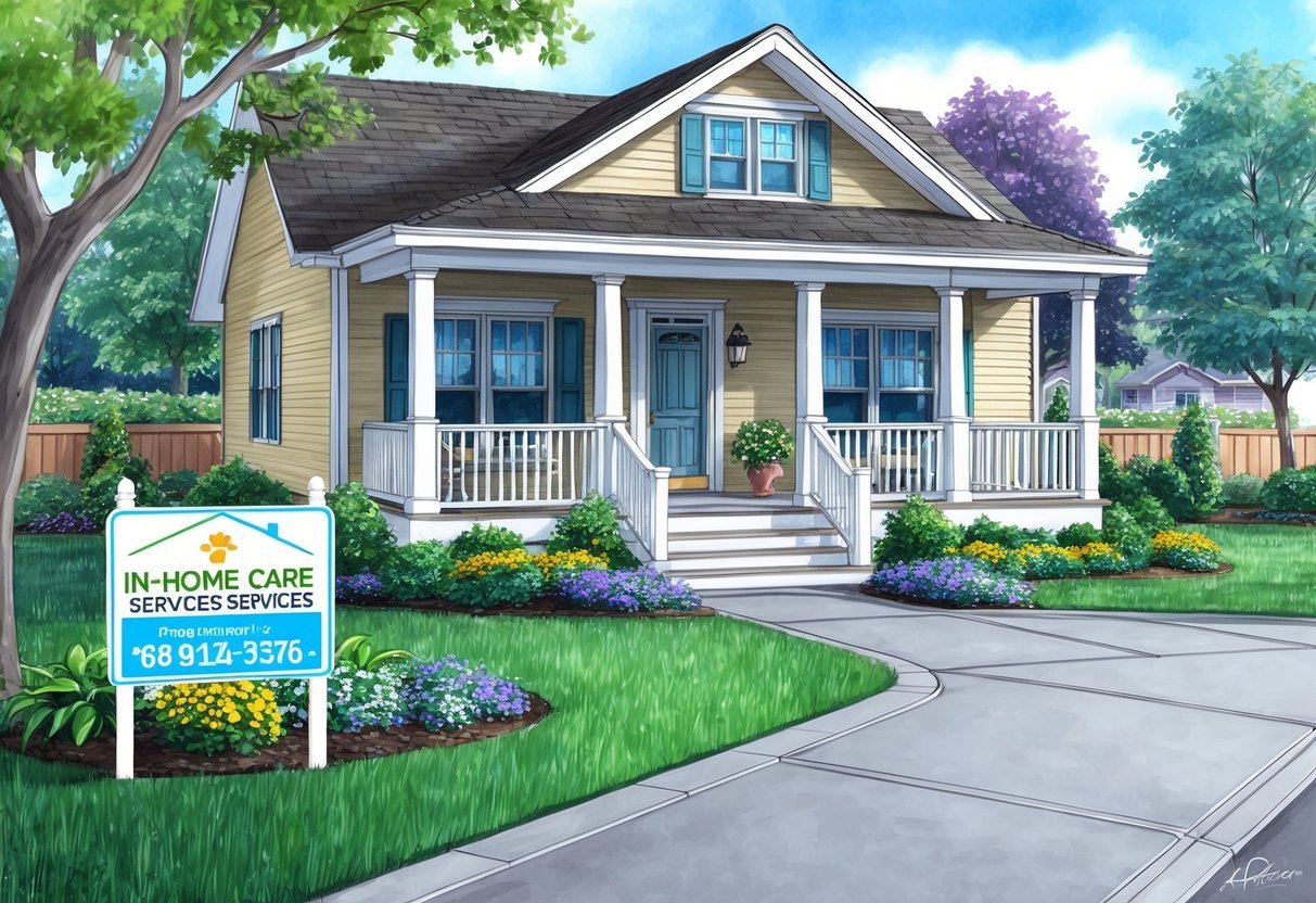 A cozy home with an inviting front porch, surrounded by well-maintained gardens and a paved driveway.</p><p>A sign in the yard advertises in-home care services for seniors