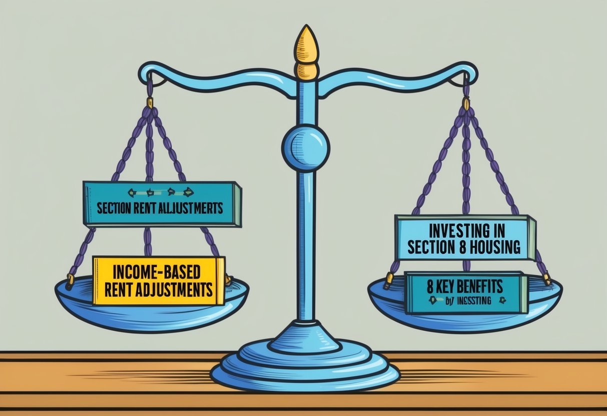 A colorful graphic showing a scale with one side labeled "Income-Based Rent Adjustments" and the other side labeled "8 Key Benefits of Investing in Section 8 Housing."