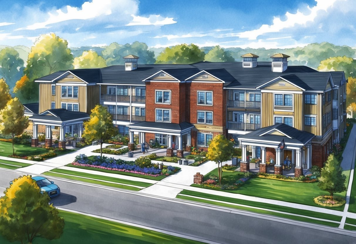 A bustling senior housing community with various profit sources such as rental units, communal spaces, wellness programs, and on-site services