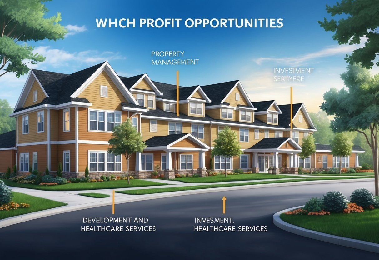 A bustling senior housing community with various profit opportunities highlighted, such as property management, investment, development, and healthcare services