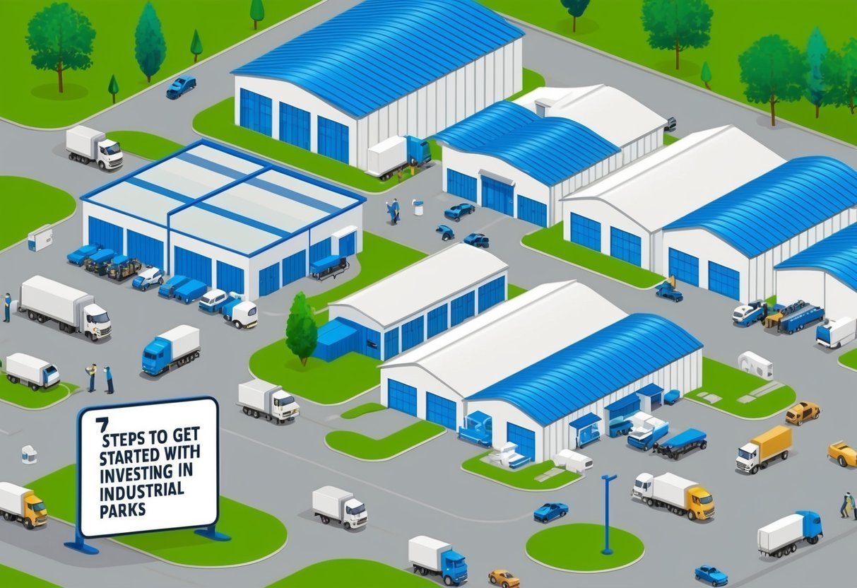 Isometric view of industrial park with warehouses, trucks, and cars